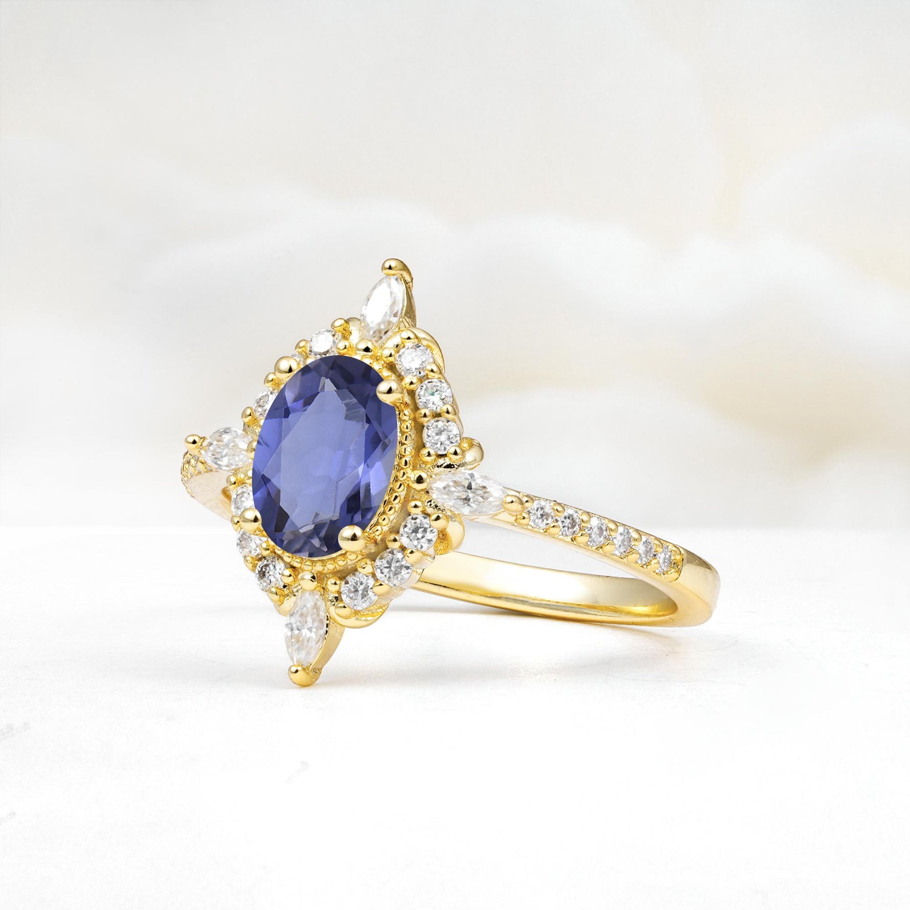Oval Cut Tanzanite Starburst Halo Engagement Ring with Pavé Band - Additional view