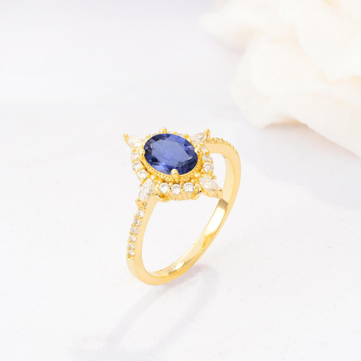 Oval Cut Tanzanite Starburst Halo Engagement Ring with Pavé Band - Additional view