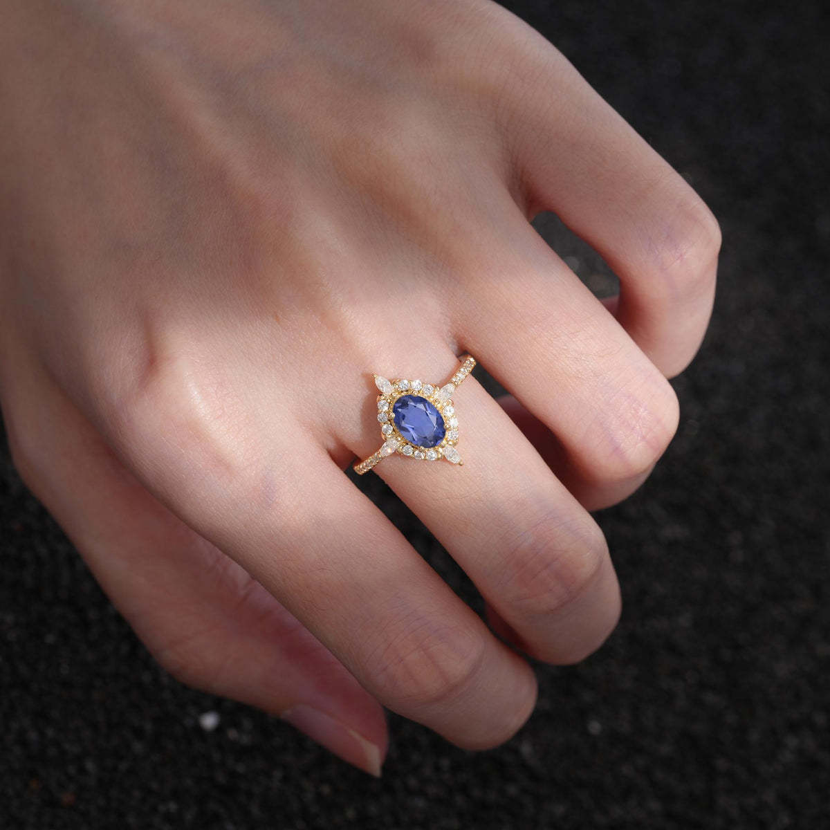 Oval Cut Tanzanite Starburst Halo Engagement Ring with Pavé Band - Additional view