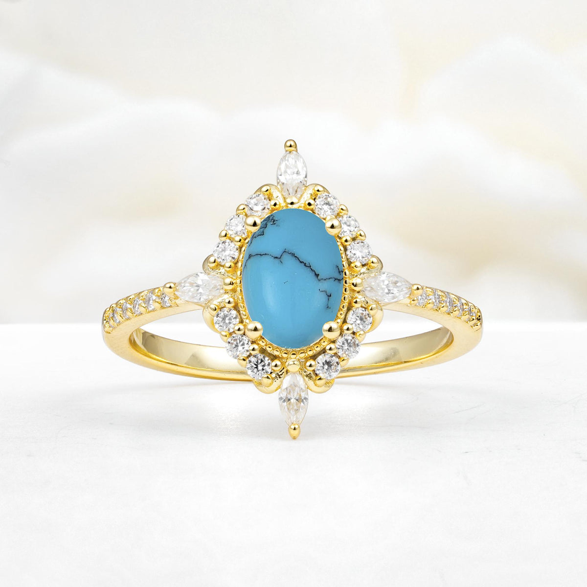 Oval Cut Turquoise Starburst Halo Engagement Ring with Pavé Band - Additional view
