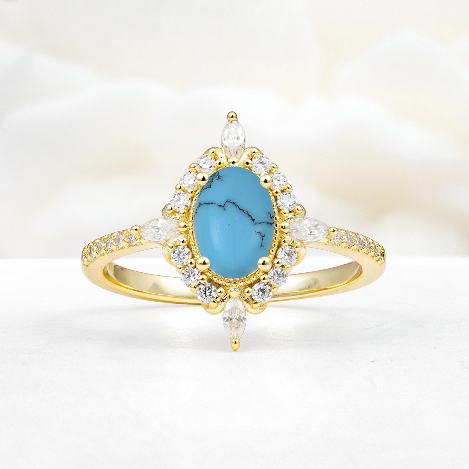 Oval Cut Turquoise Starburst Halo Engagement Ring with Pavé Band - Additional view