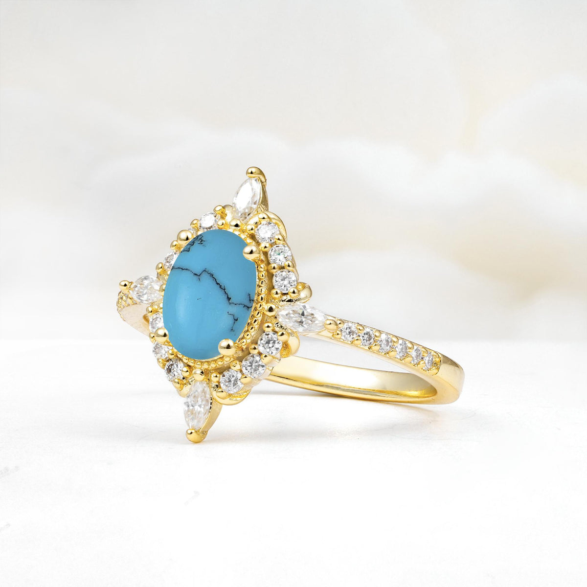 Oval Cut Turquoise Starburst Halo Engagement Ring with Pavé Band - Additional view
