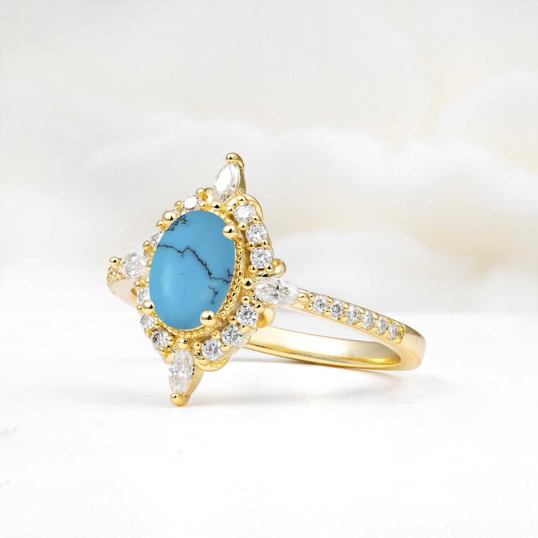 Oval Cut Turquoise Starburst Halo Engagement Ring with Pavé Band - Additional view