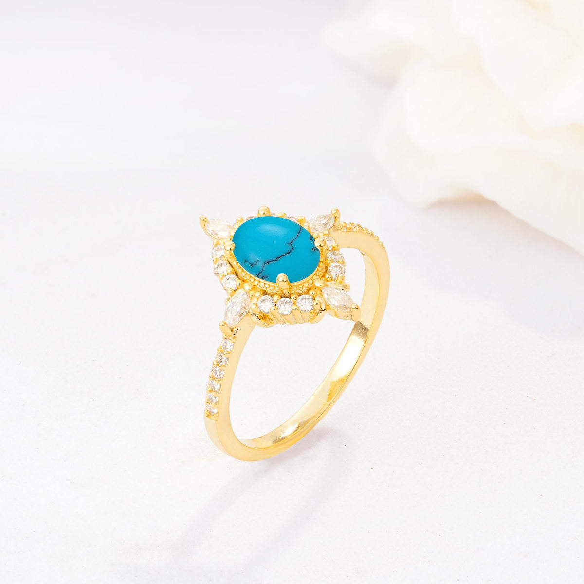 Oval Cut Turquoise Starburst Halo Engagement Ring with Pavé Band - Additional view