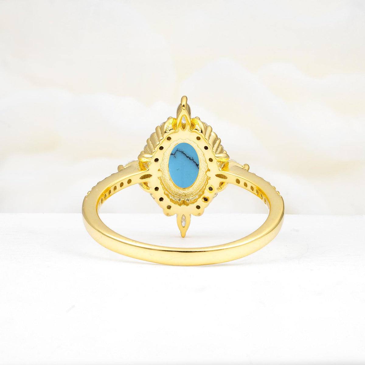 Oval Cut Turquoise Starburst Halo Engagement Ring with Pavé Band - Additional view