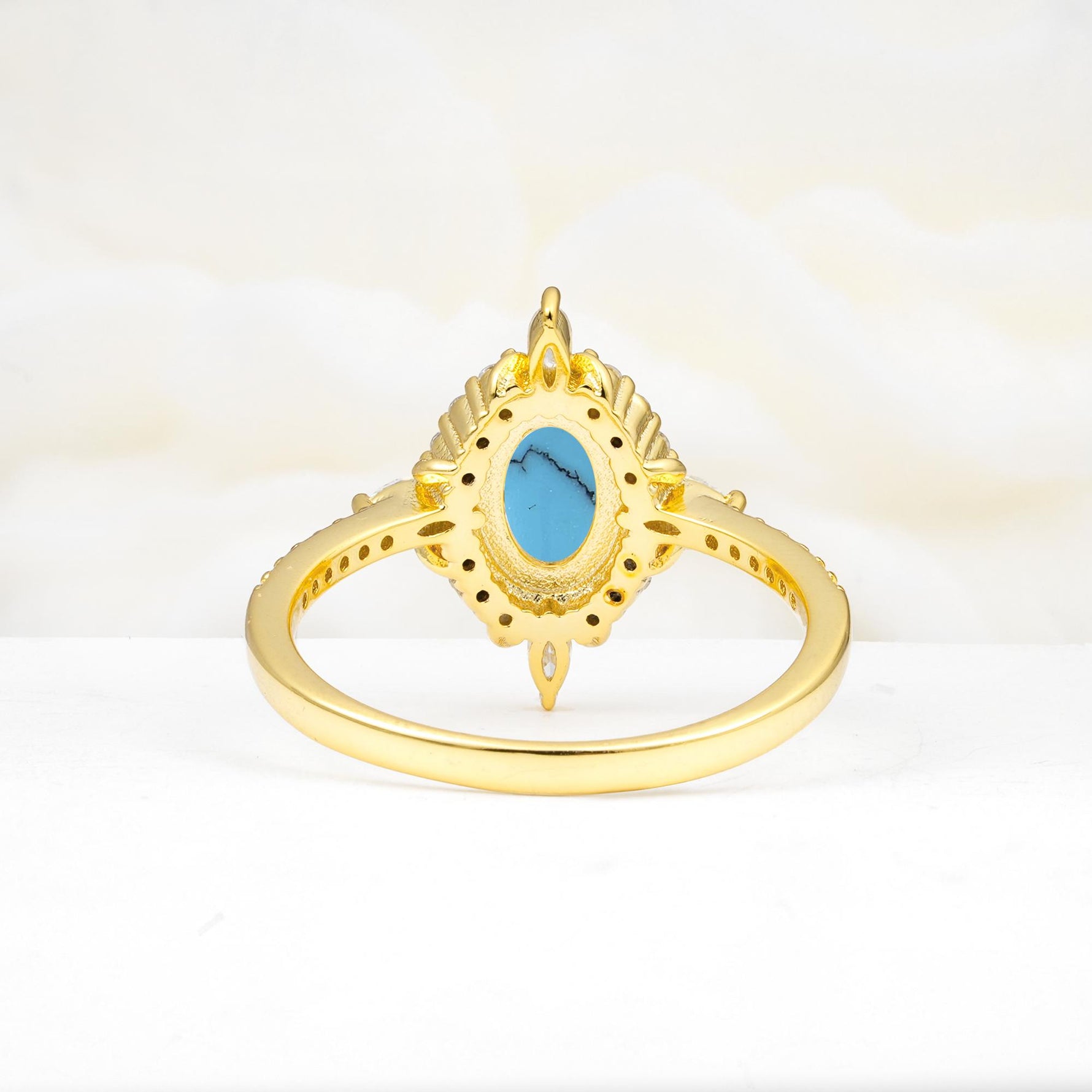 Oval Cut Turquoise Starburst Halo Engagement Ring with Pavé Band - Additional view