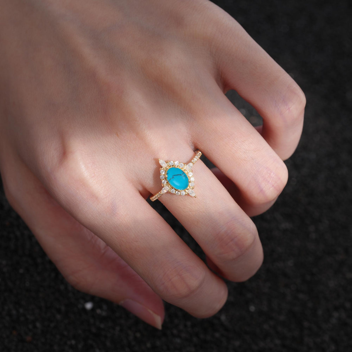 Oval Cut Turquoise Starburst Halo Engagement Ring with Pavé Band - Additional view