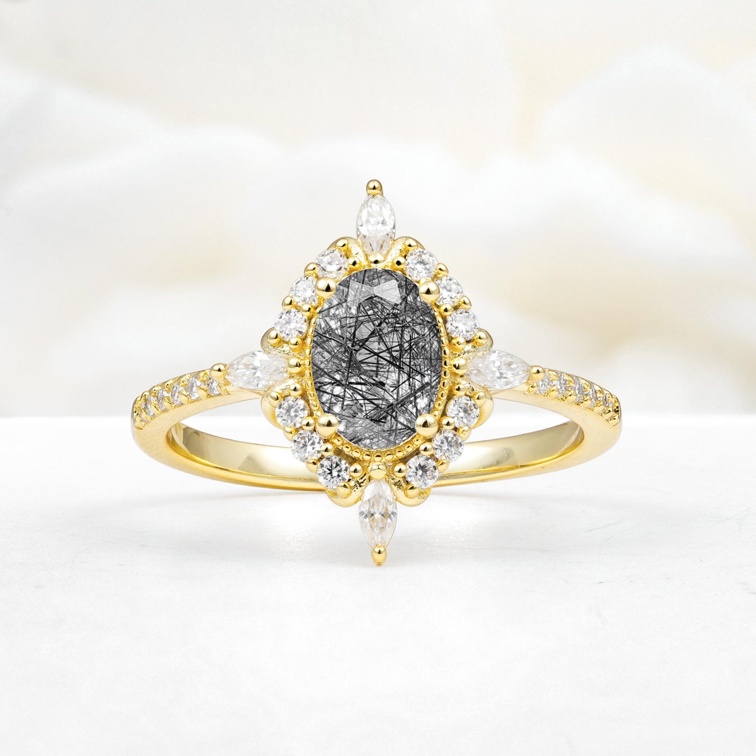 Oval Cut Black Rutilated Quartz Starburst Halo Engagement Ring with Pavé Band - Additional view