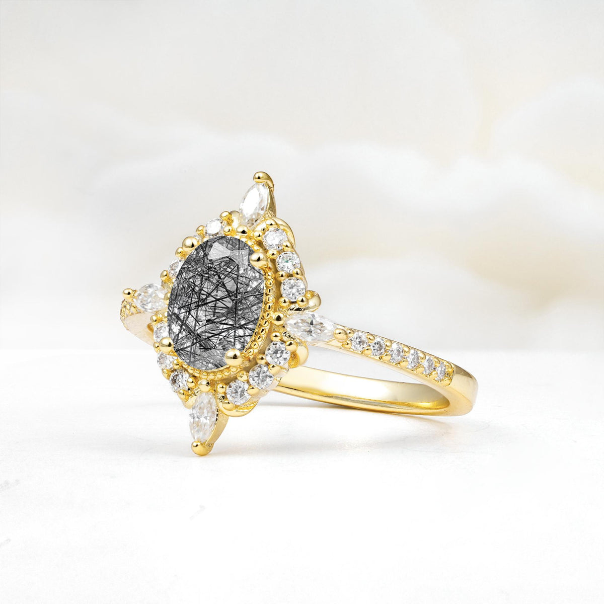 Oval Cut Black Rutilated Quartz Starburst Halo Engagement Ring with Pavé Band - Additional view