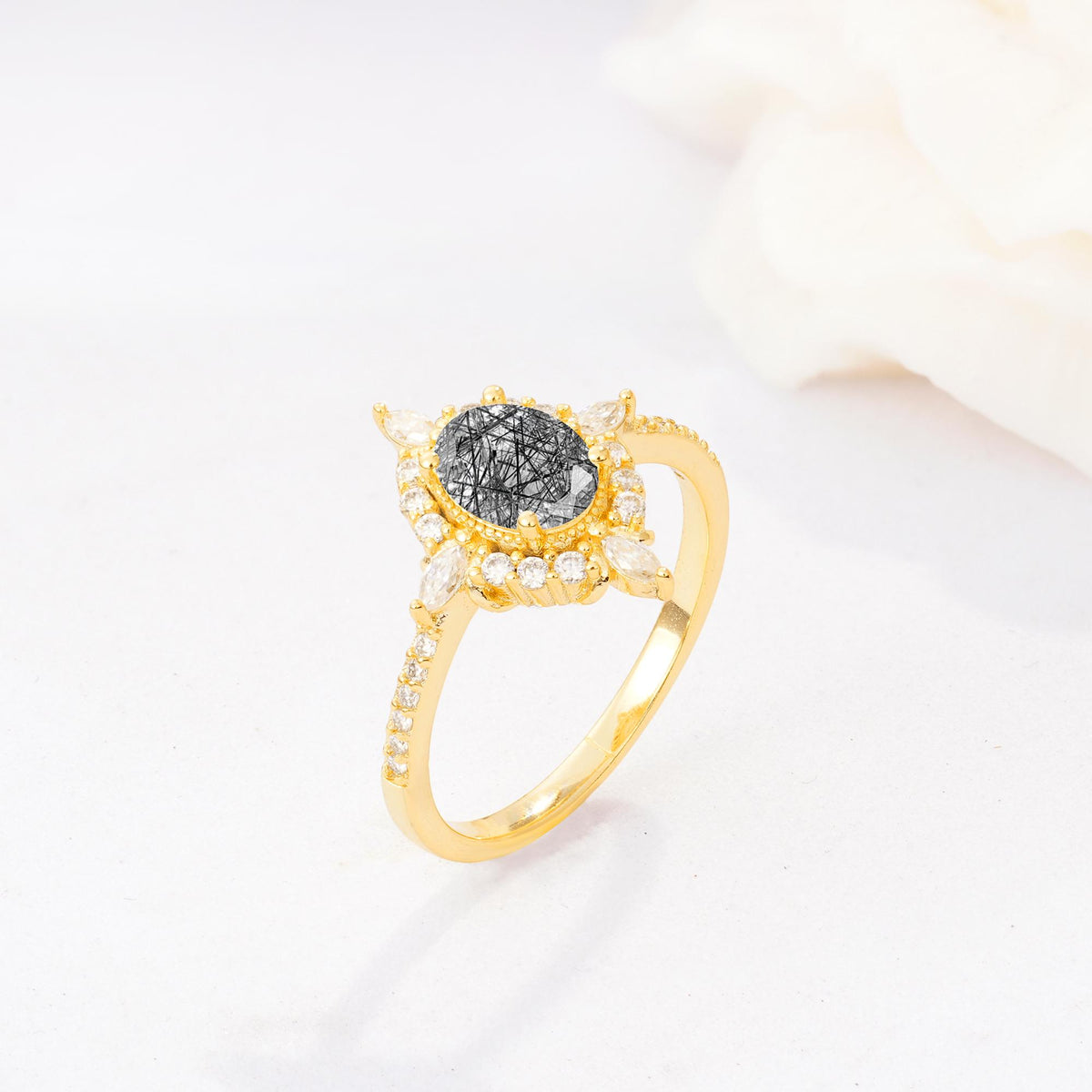 Oval Cut Black Rutilated Quartz Starburst Halo Engagement Ring with Pavé Band - Additional view