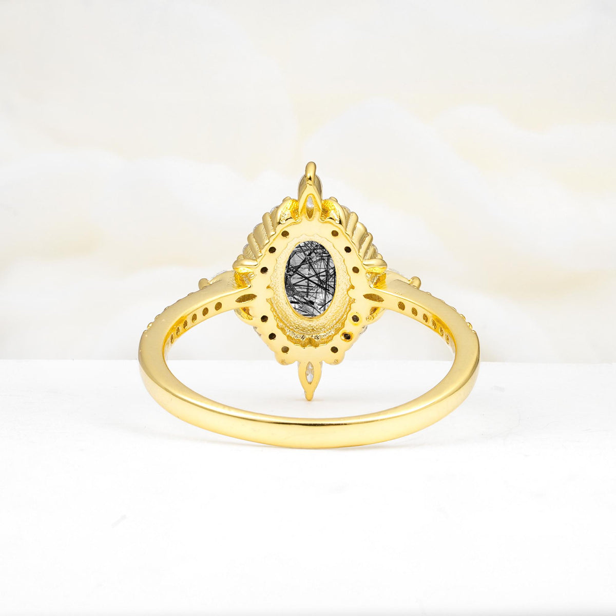 Oval Cut Black Rutilated Quartz Starburst Halo Engagement Ring with Pavé Band - Additional view