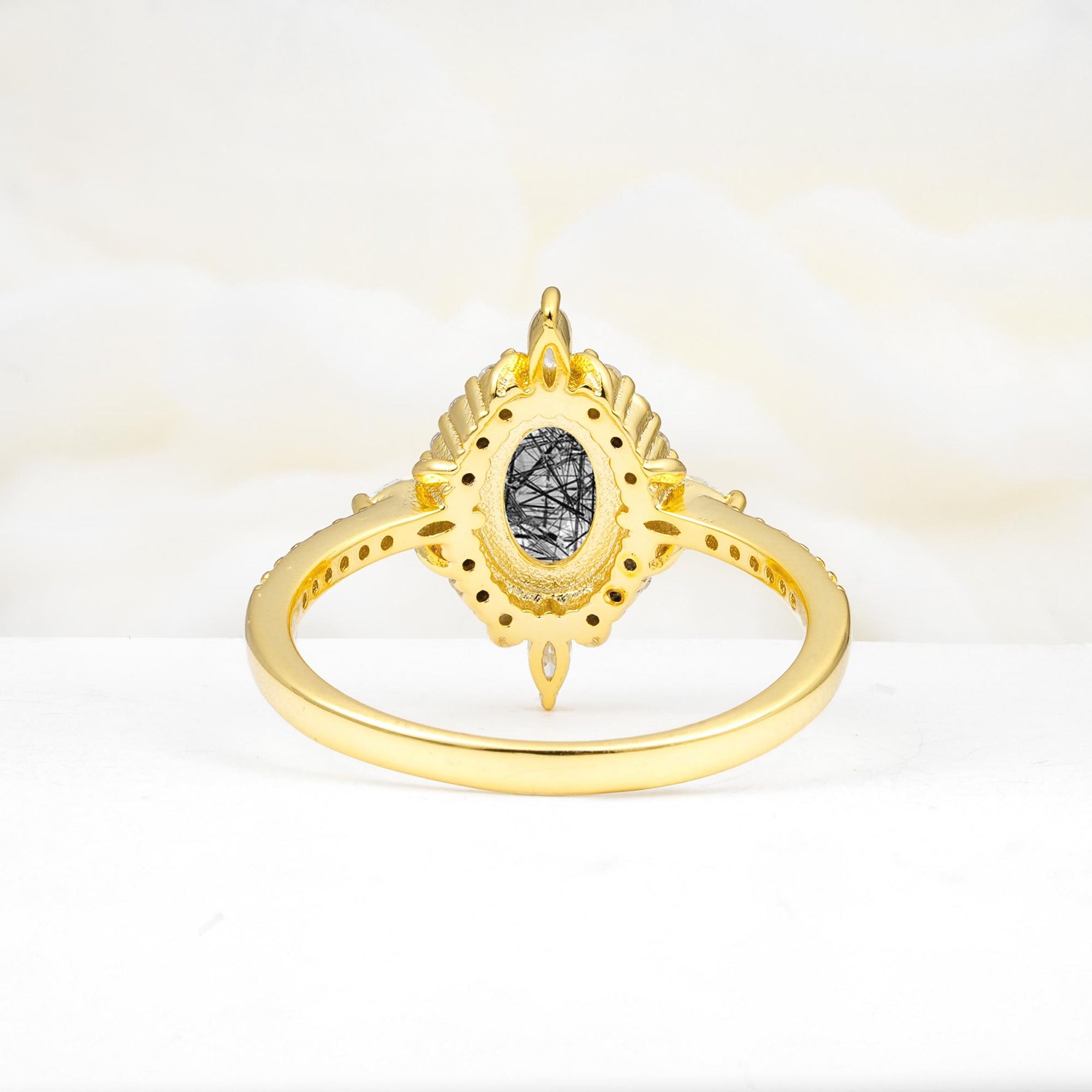 Oval Cut Black Rutilated Quartz Starburst Halo Engagement Ring with Pavé Band - Additional view