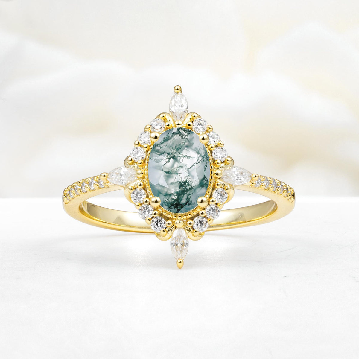 Oval Cut Moss Agate Starburst Halo Engagement Ring with Pavé Band - Additional view