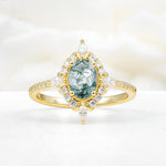 Oval Cut Moss Agate Starburst Halo Engagement Ring with Pavé Band - Additional view