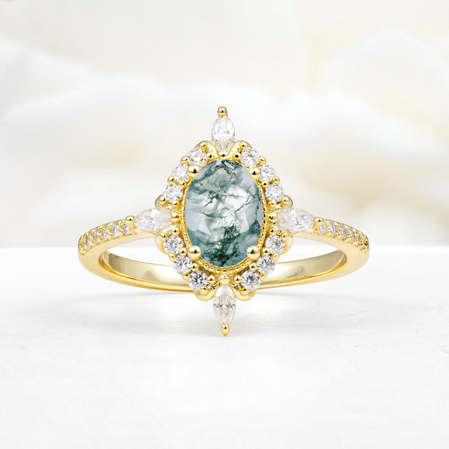 Oval Cut Moss Agate Starburst Halo Engagement Ring with Pavé Band - Additional view