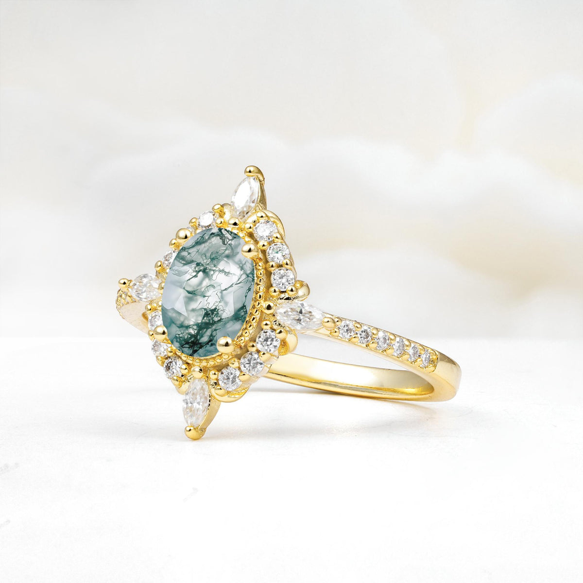 Oval Cut Moss Agate Starburst Halo Engagement Ring with Pavé Band - Additional view