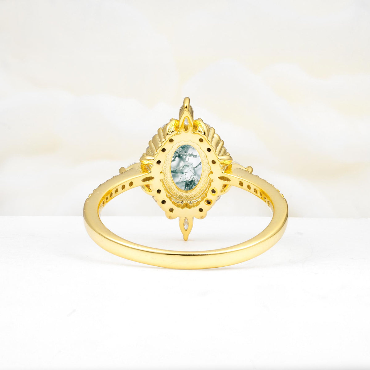 Oval Cut Moss Agate Starburst Halo Engagement Ring with Pavé Band - Additional view