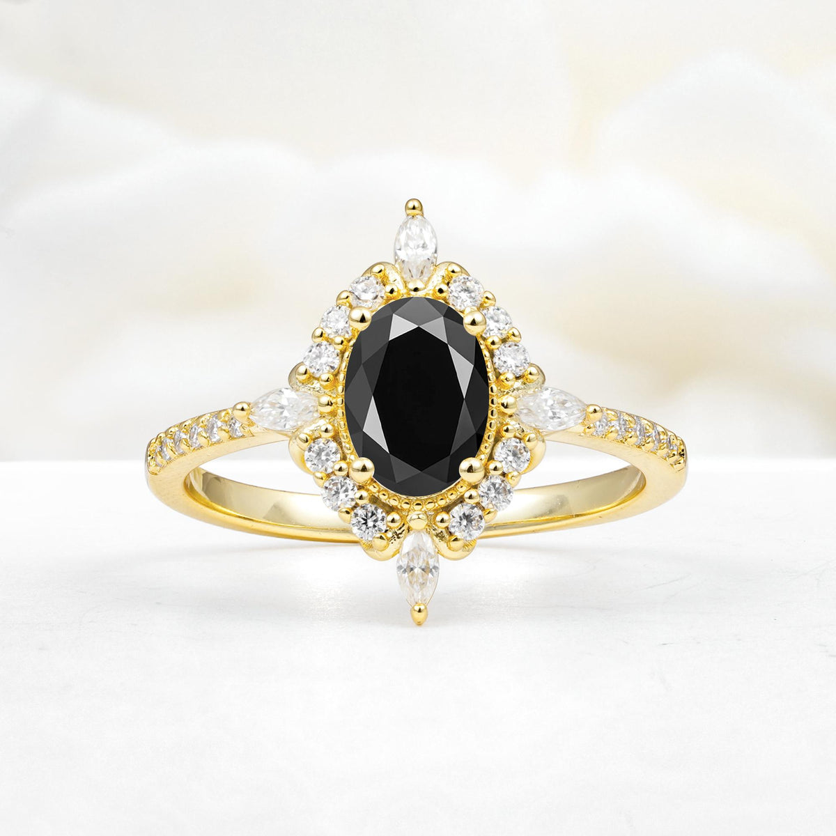 Oval Cut Black Onyx Starburst Halo Engagement Ring with Pavé Band - Additional view