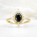 Oval Cut Black Onyx Starburst Halo Engagement Ring with Pavé Band - Additional view