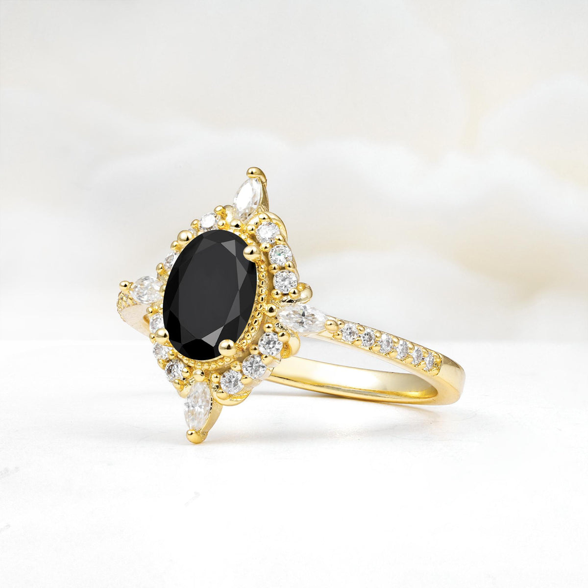 Oval Cut Black Onyx Starburst Halo Engagement Ring with Pavé Band - Additional view