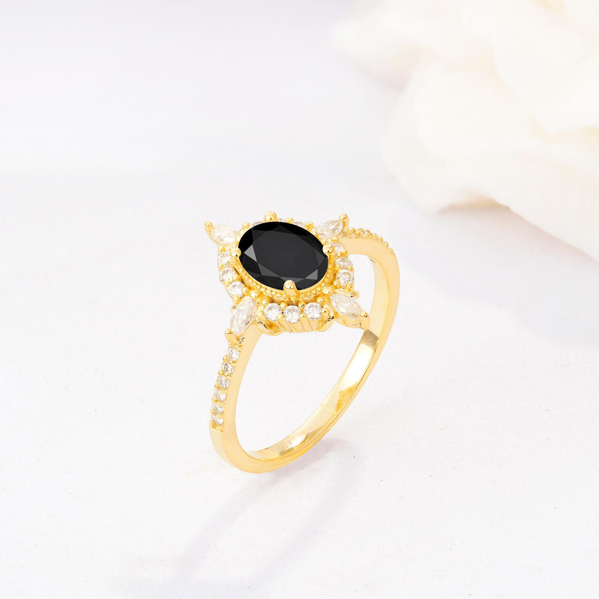 Oval Cut Black Onyx Starburst Halo Engagement Ring with Pavé Band - Additional view