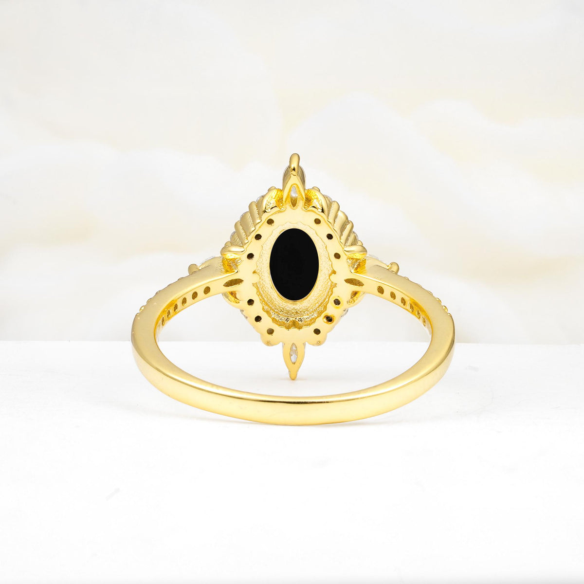 Oval Cut Black Onyx Starburst Halo Engagement Ring with Pavé Band - Additional view