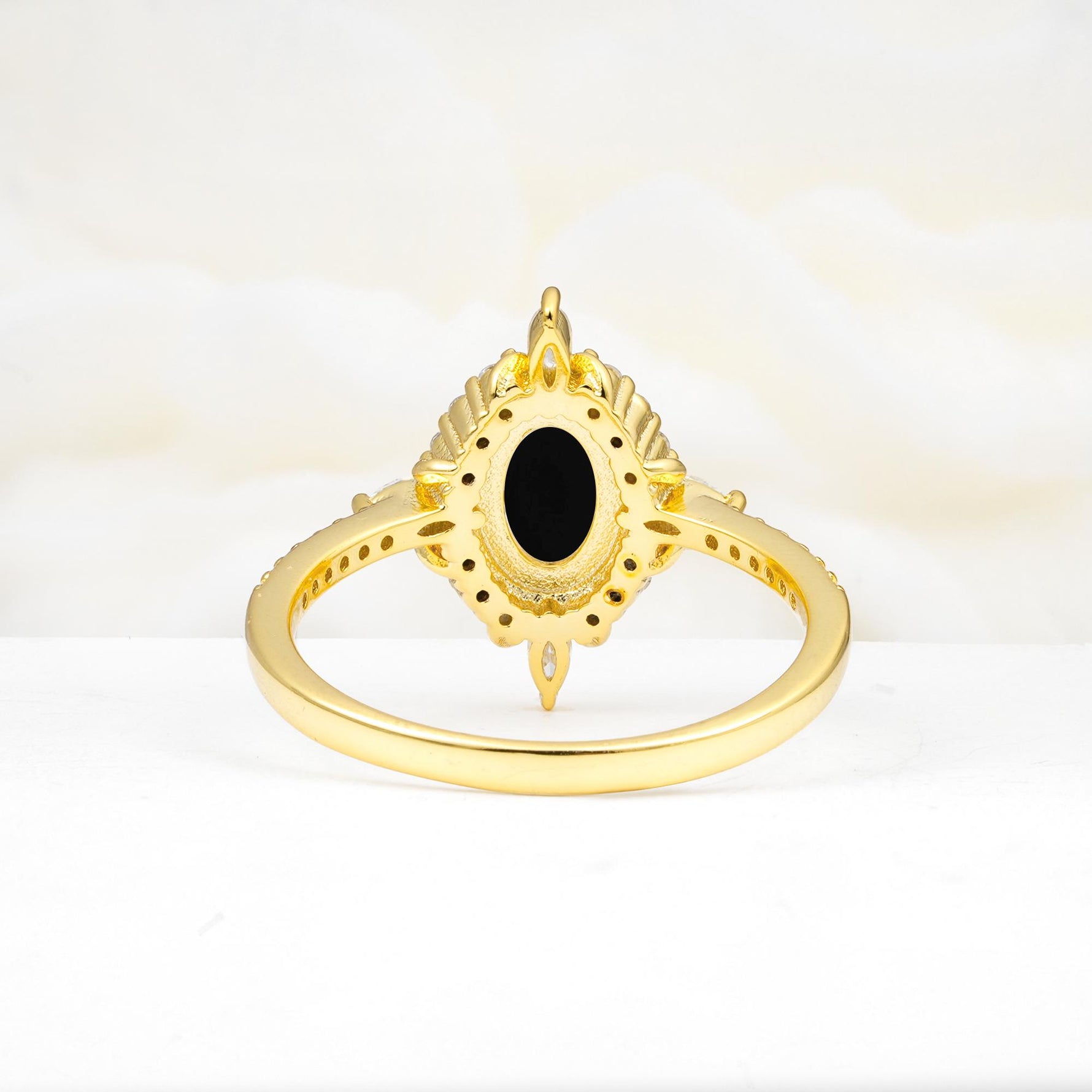 Oval Cut Black Onyx Starburst Halo Engagement Ring with Pavé Band - Additional view