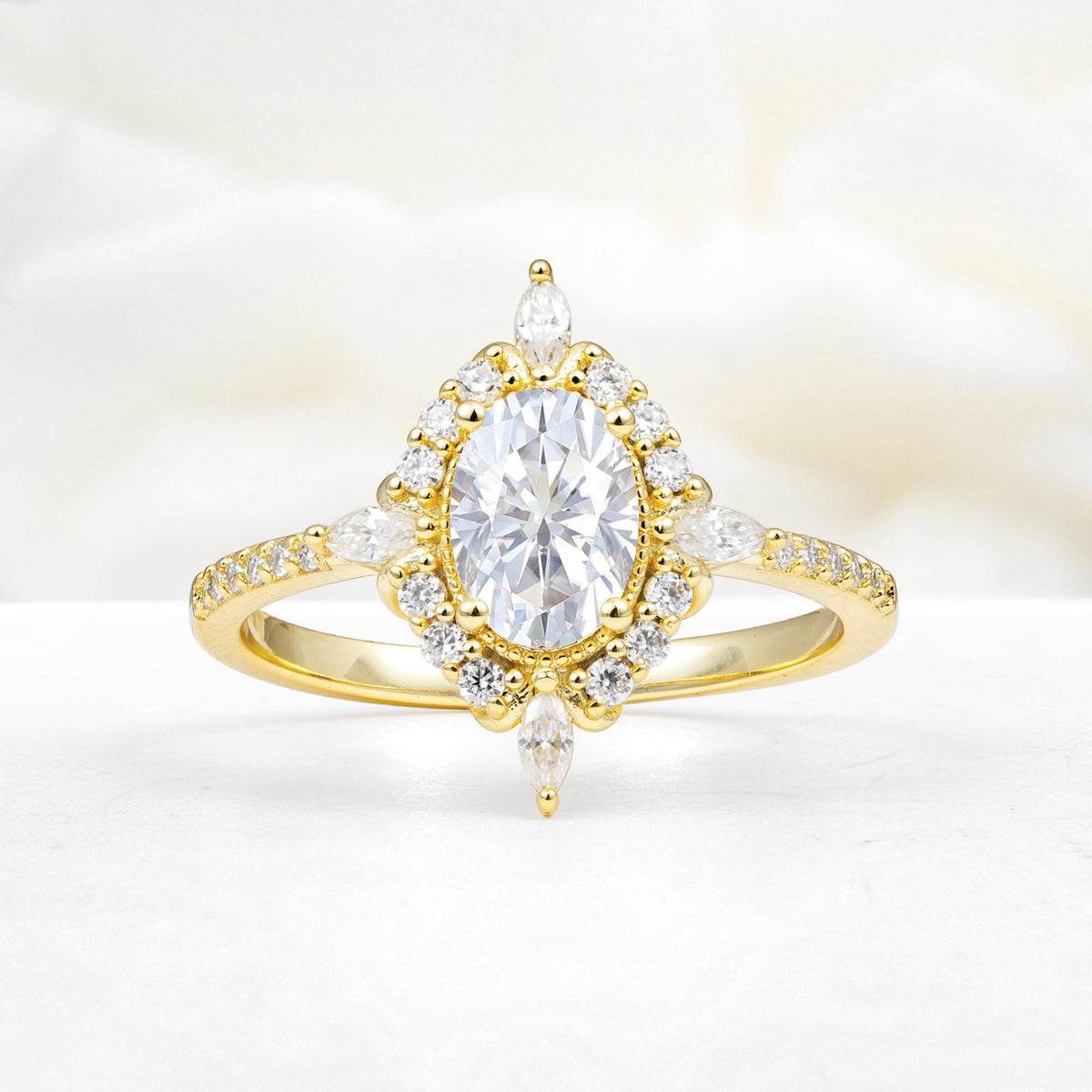 Oval Cut Lab Diamond Starburst Halo Engagement Ring with Pavé Band - Additional view