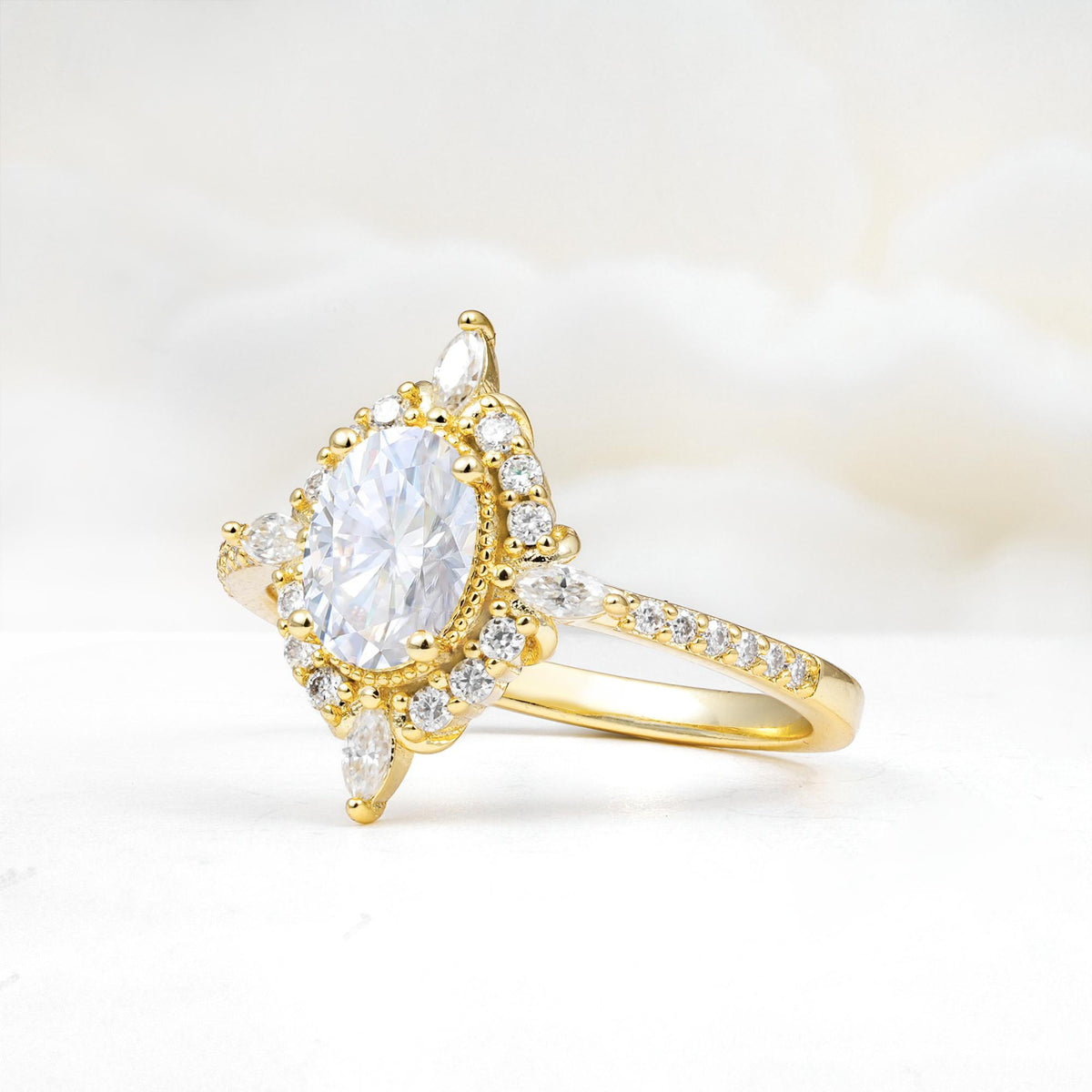 Oval Cut Lab Diamond Starburst Halo Engagement Ring with Pavé Band - Additional view