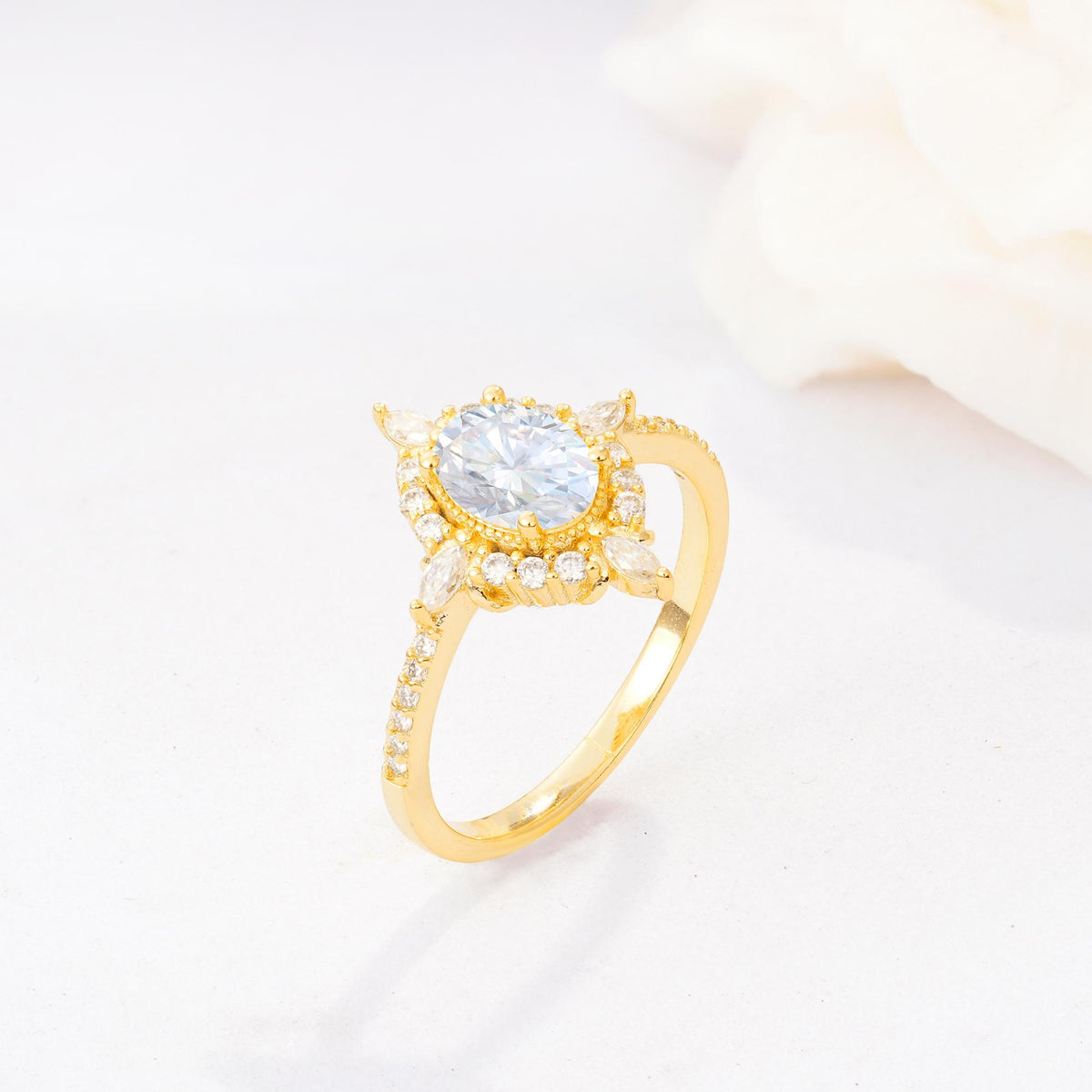 Oval Cut Lab Diamond Starburst Halo Engagement Ring with Pavé Band - Additional view