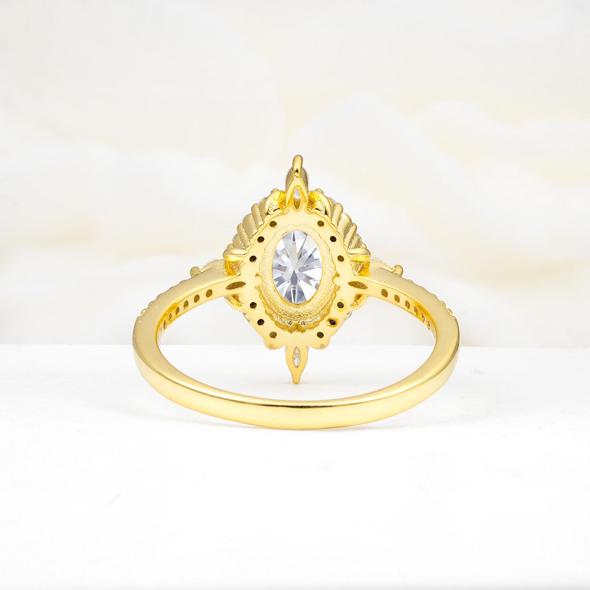 Oval Cut Lab Diamond Starburst Halo Engagement Ring with Pavé Band - Additional view