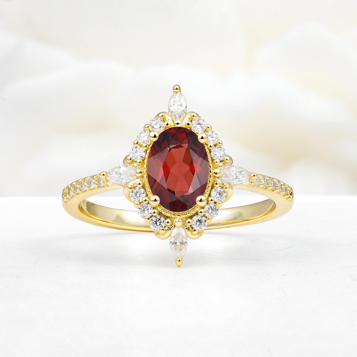 Oval Cut Garnet Starburst Halo Engagement Ring with Pavé Band - Additional view