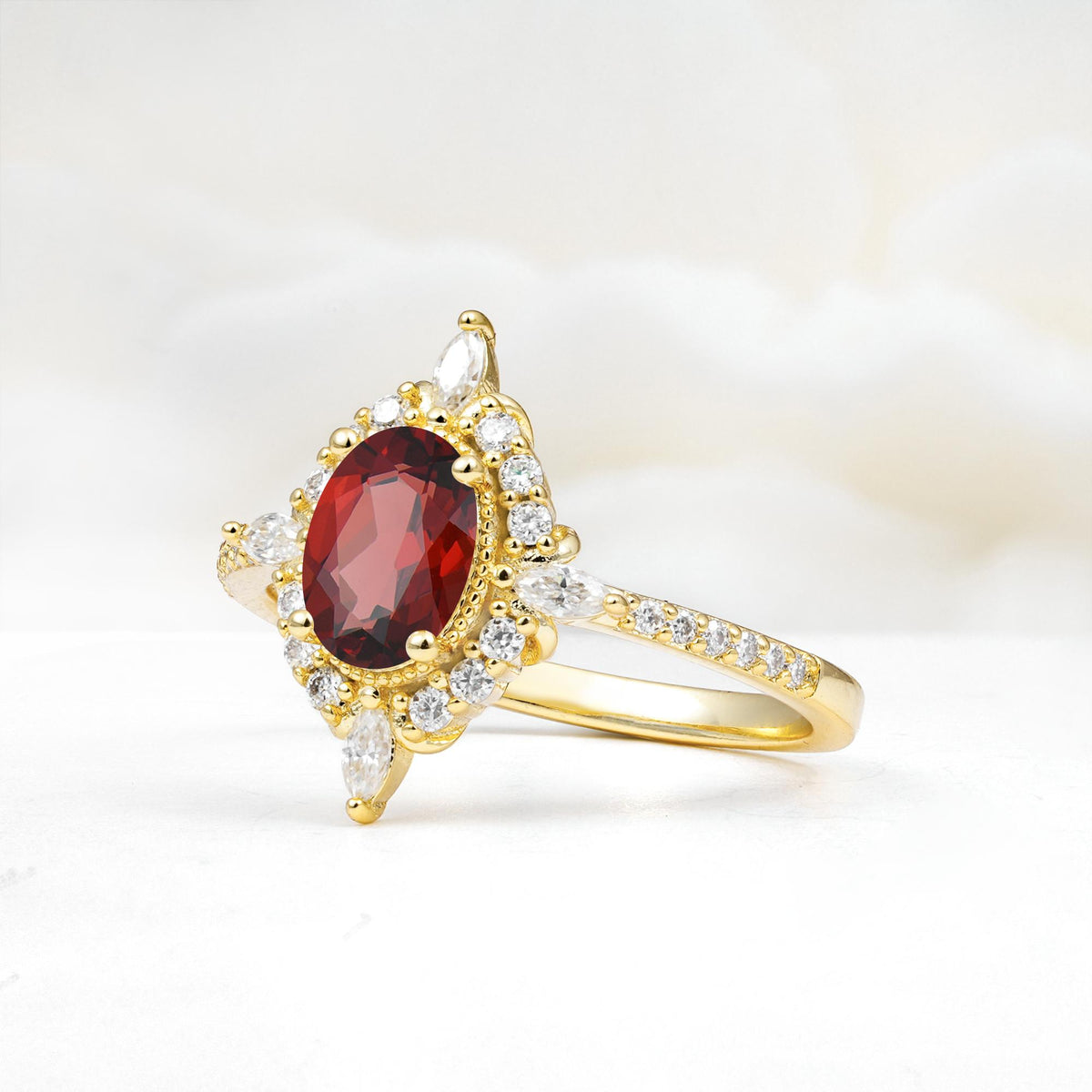 Oval Cut Garnet Starburst Halo Engagement Ring with Pavé Band - Additional view