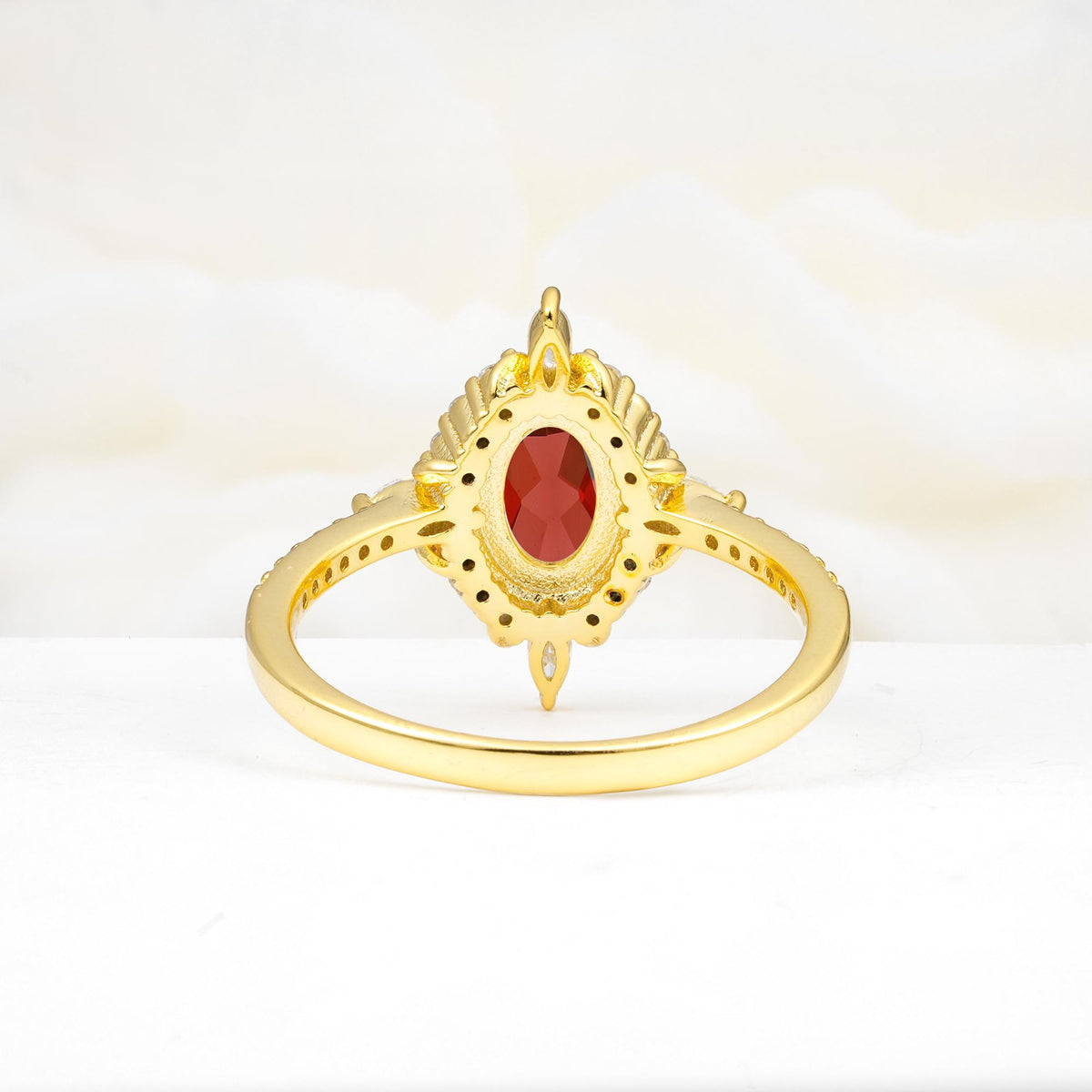 Oval Cut Garnet Starburst Halo Engagement Ring with Pavé Band - Additional view