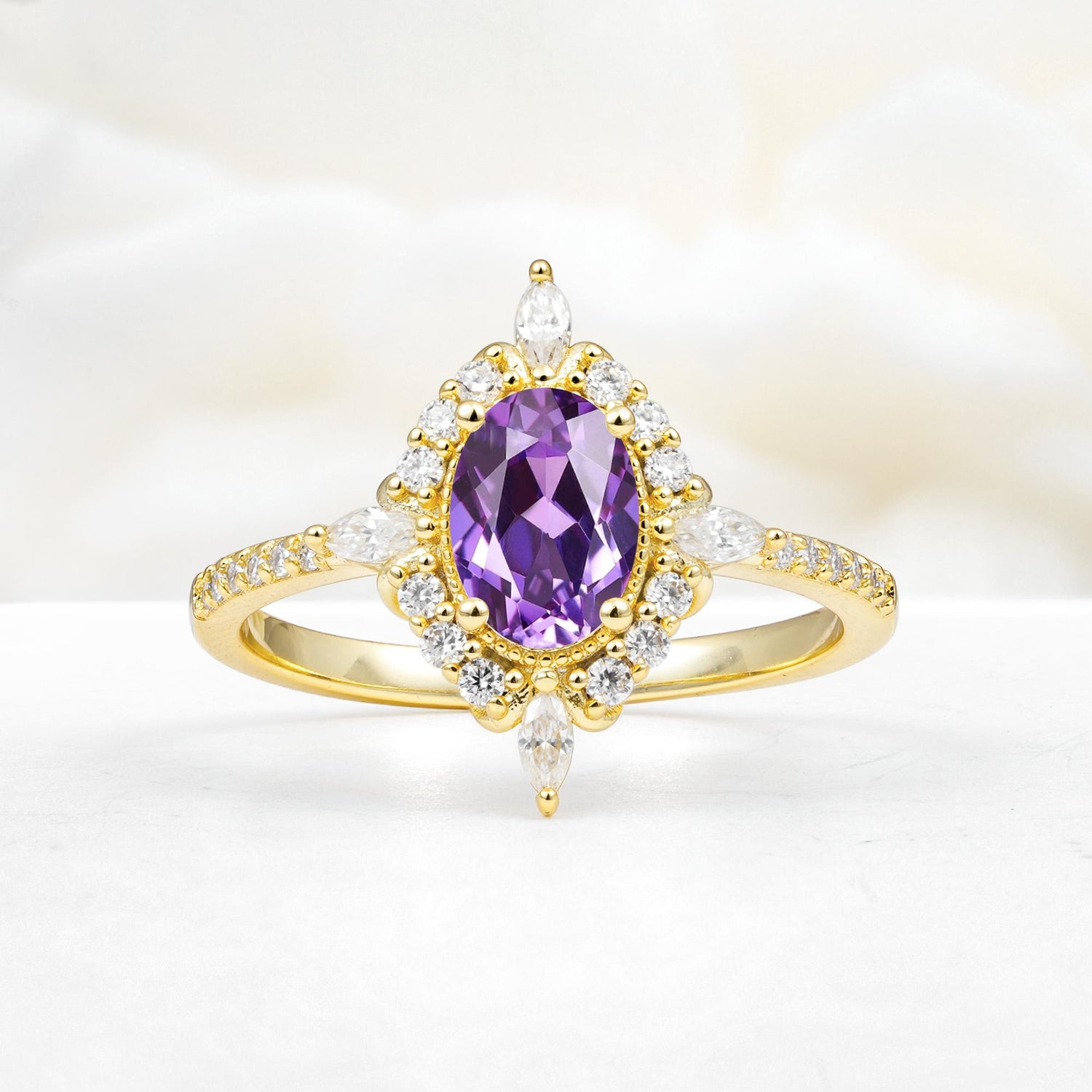 Oval Cut Amethyst Starburst Halo Engagement Ring with Pavé Band - Additional view