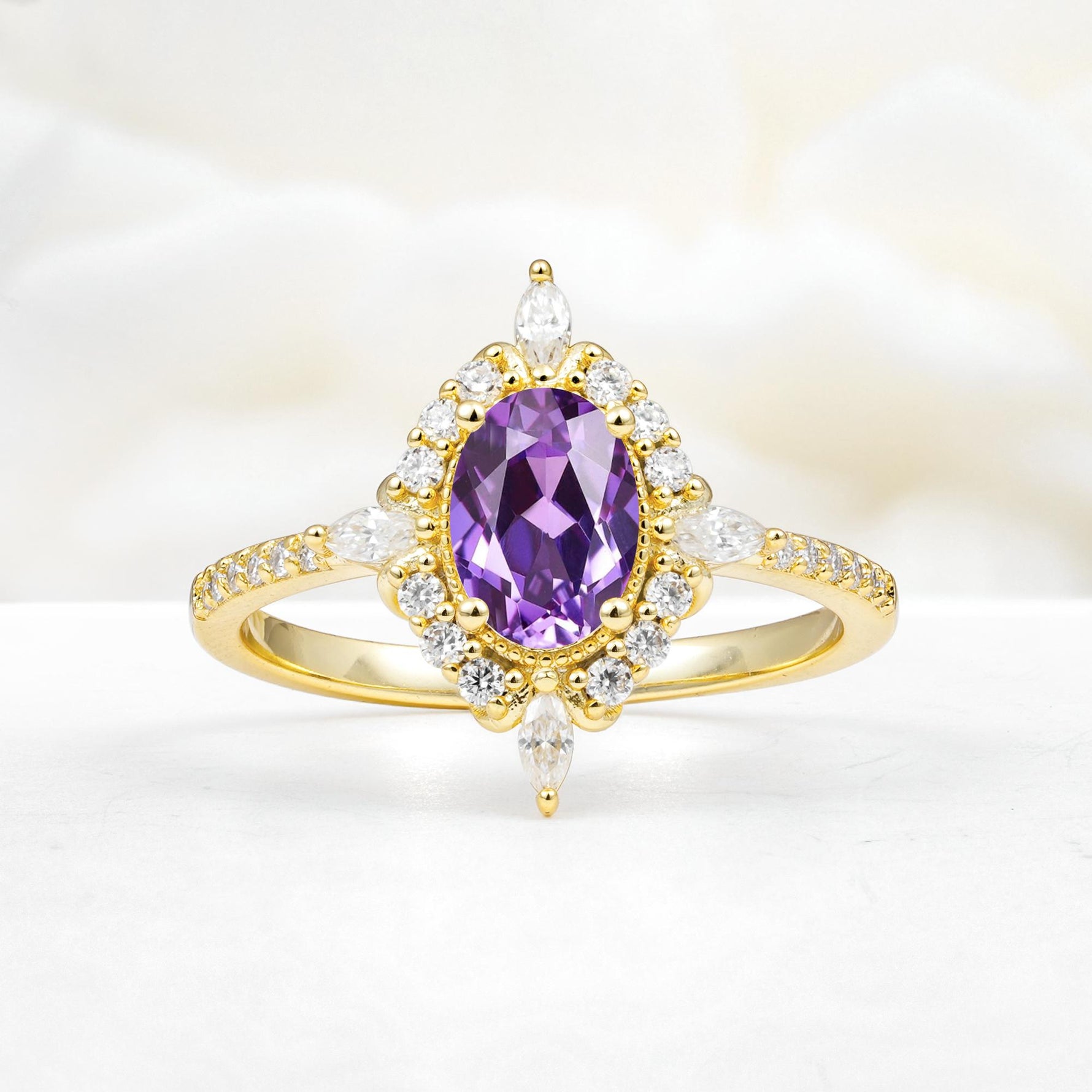 Oval Cut Amethyst Starburst Halo Engagement Ring with Pavé Band - Additional view