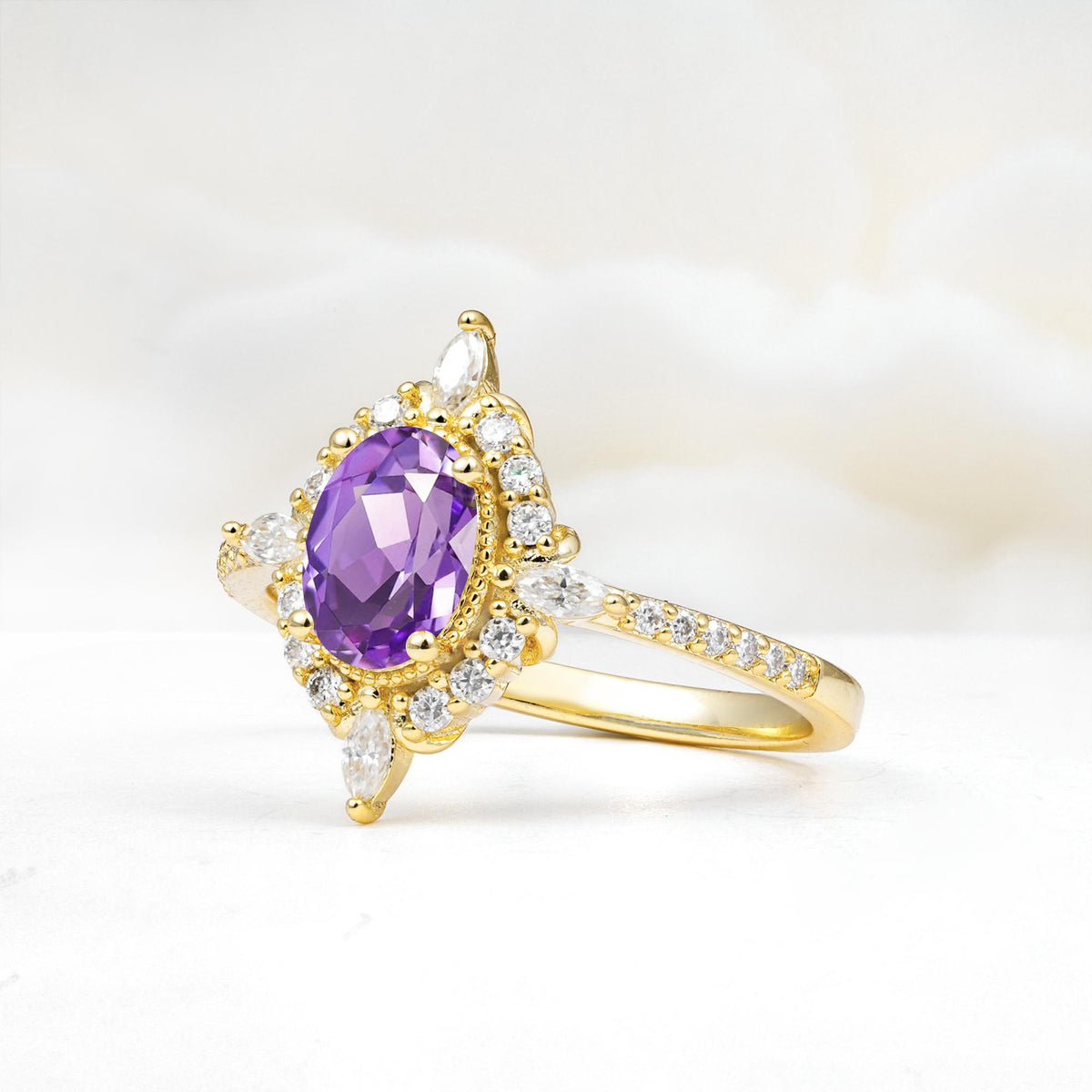Oval Cut Amethyst Starburst Halo Engagement Ring with Pavé Band - Additional view