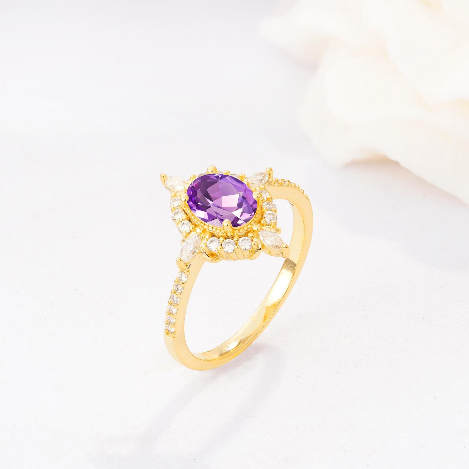 Oval Cut Amethyst Starburst Halo Engagement Ring with Pavé Band - Additional view