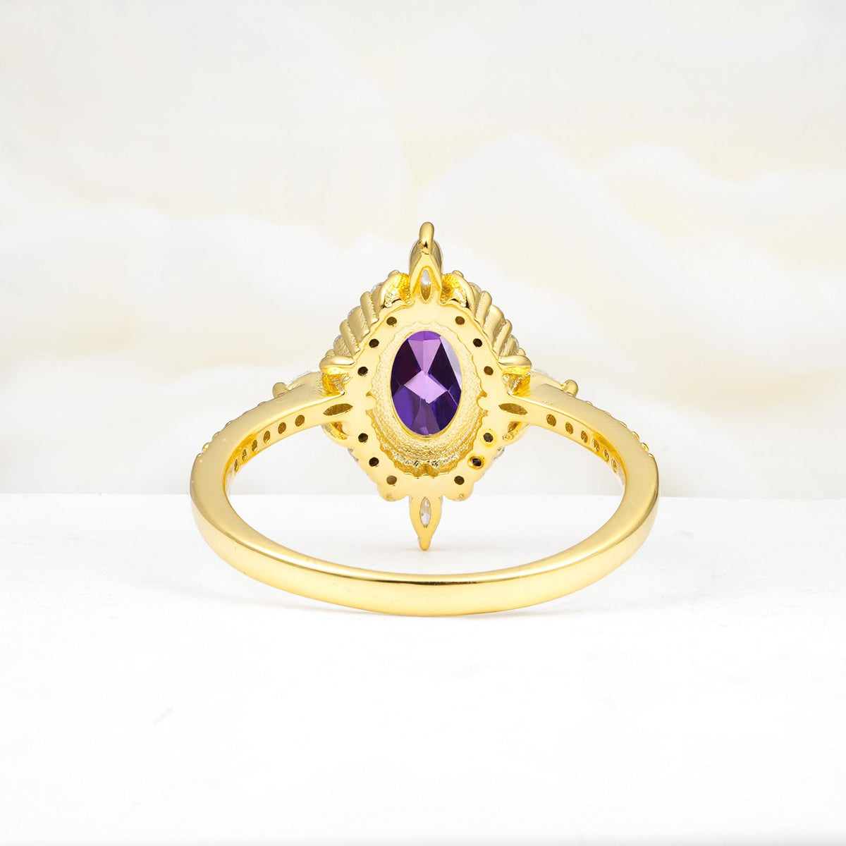 Oval Cut Amethyst Starburst Halo Engagement Ring with Pavé Band - Additional view