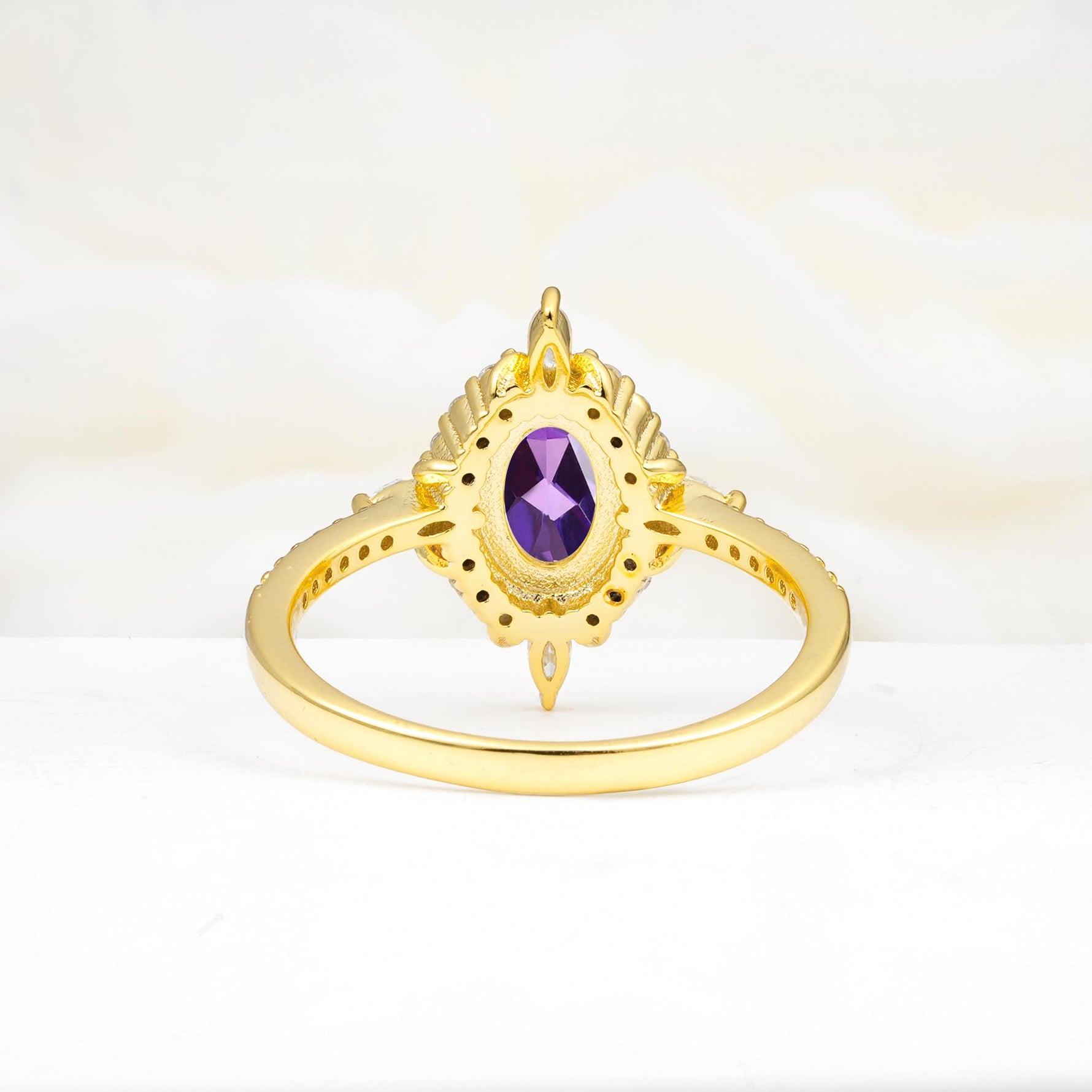 Oval Cut Amethyst Starburst Halo Engagement Ring with Pavé Band - Additional view
