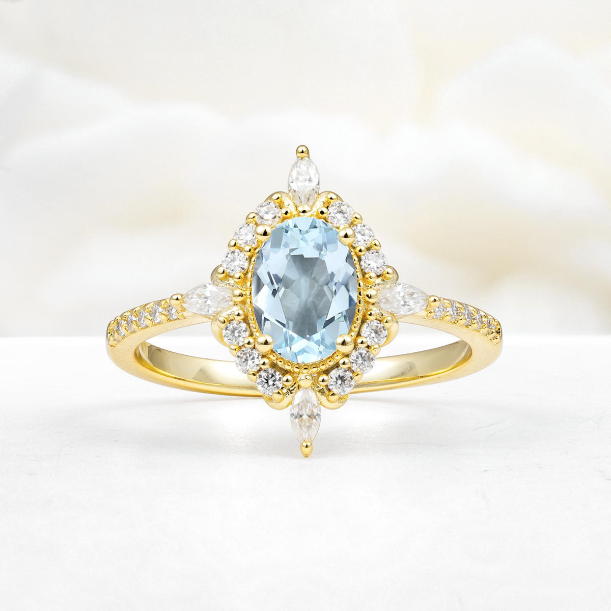 Oval Cut Aquamarine Starburst Halo Engagement Ring with Pavé Band - Additional view