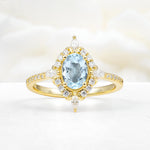 Oval Cut Aquamarine Starburst Halo Engagement Ring with Pavé Band - Additional view