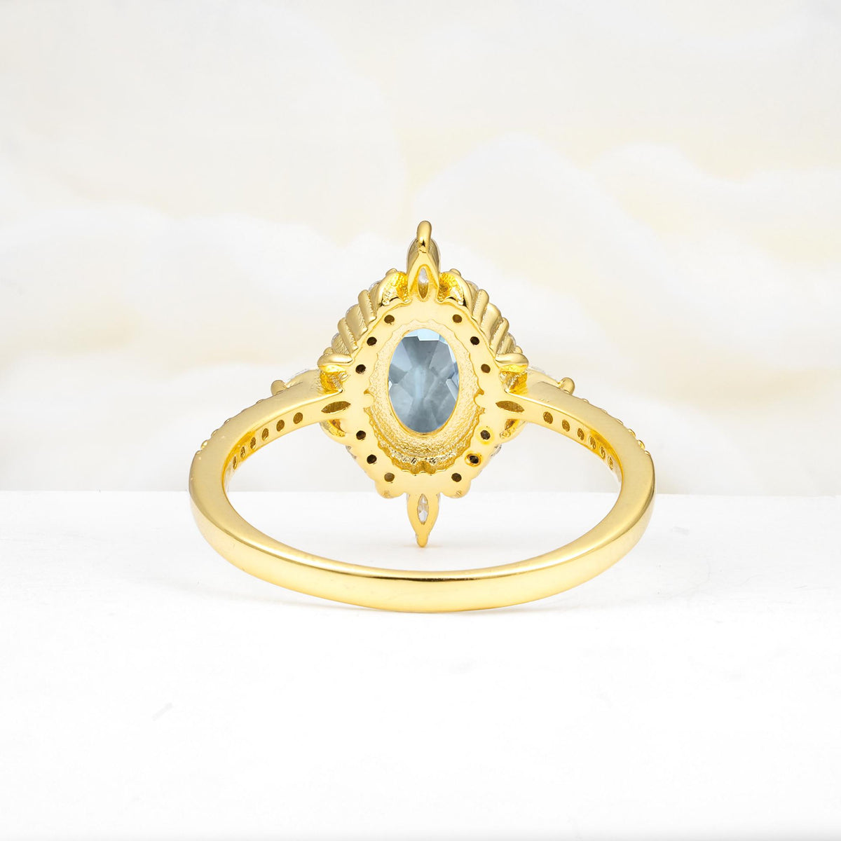 Oval Cut Aquamarine Starburst Halo Engagement Ring with Pavé Band - Additional view
