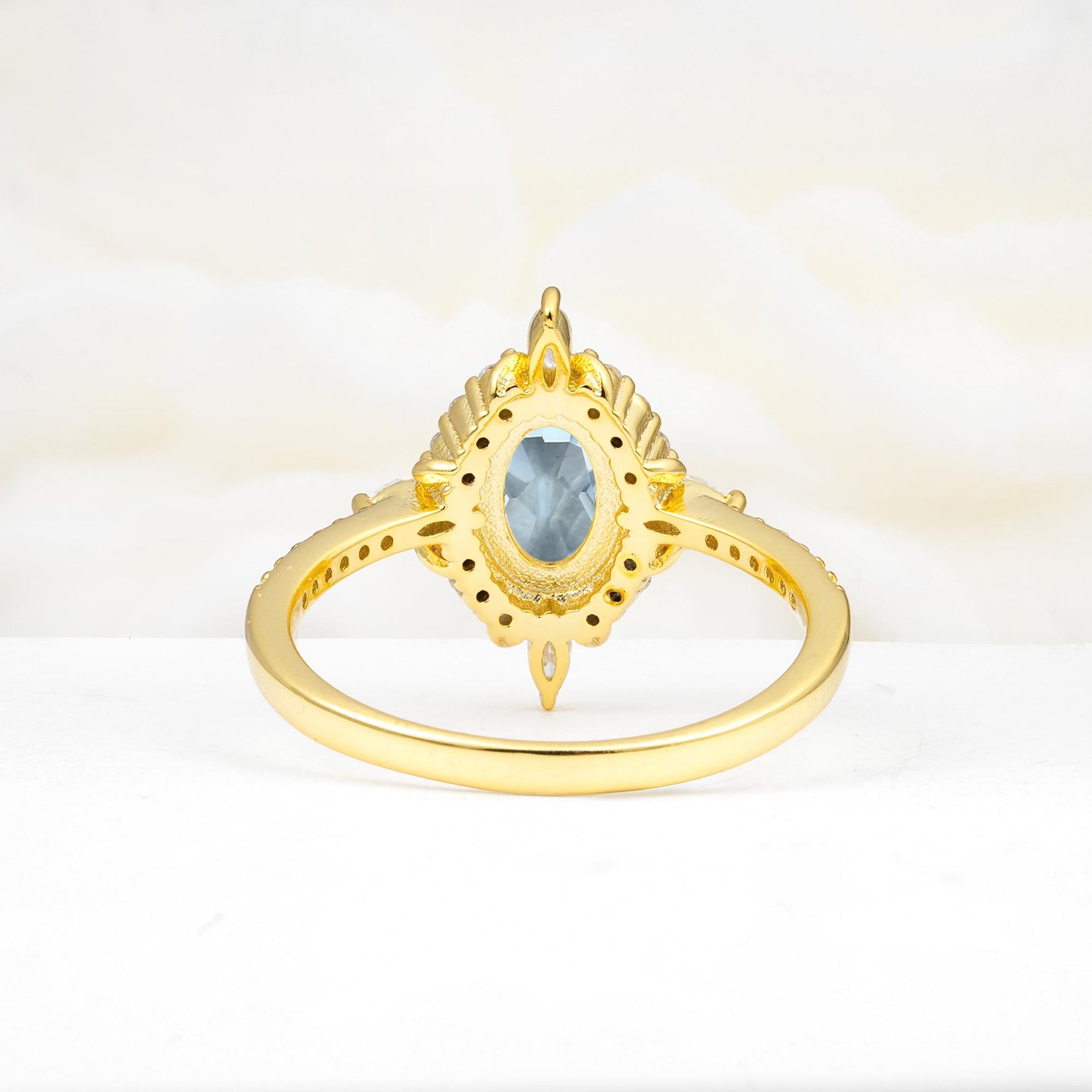 Oval Cut Aquamarine Starburst Halo Engagement Ring with Pavé Band - Additional view
