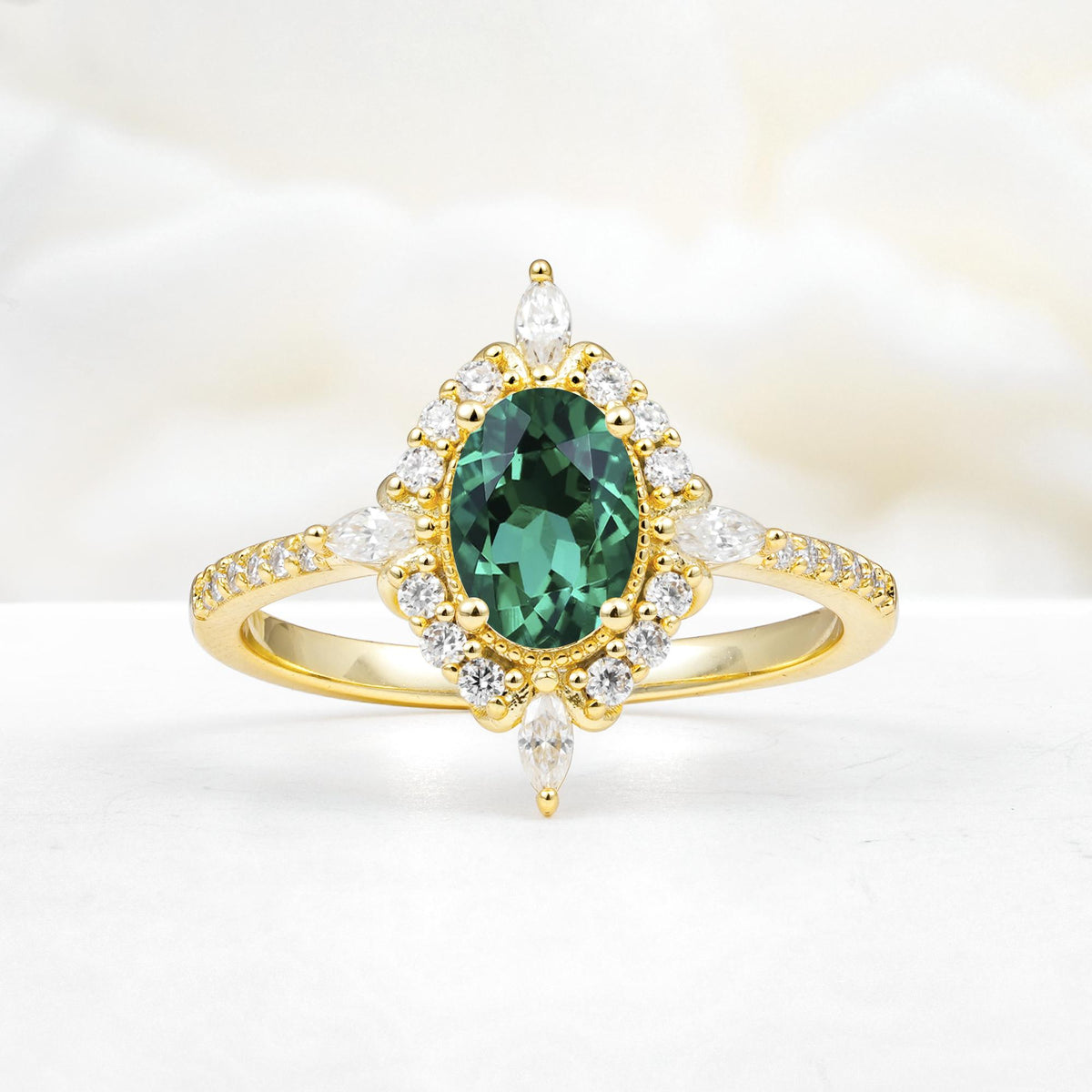 Oval Cut Emerald Starburst Halo Engagement Ring with Pavé Band - Additional view