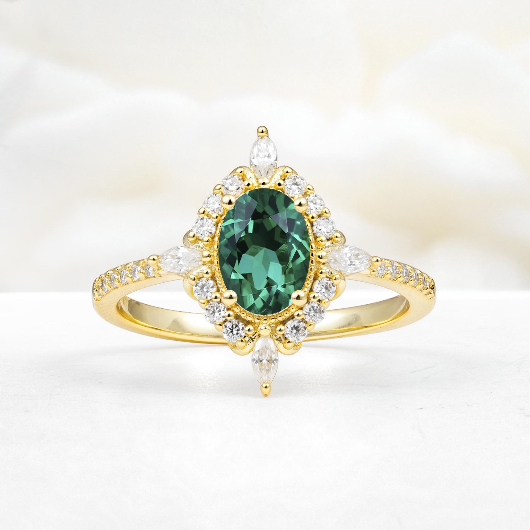 Oval Cut Emerald Starburst Halo Engagement Ring with Pavé Band - Additional view