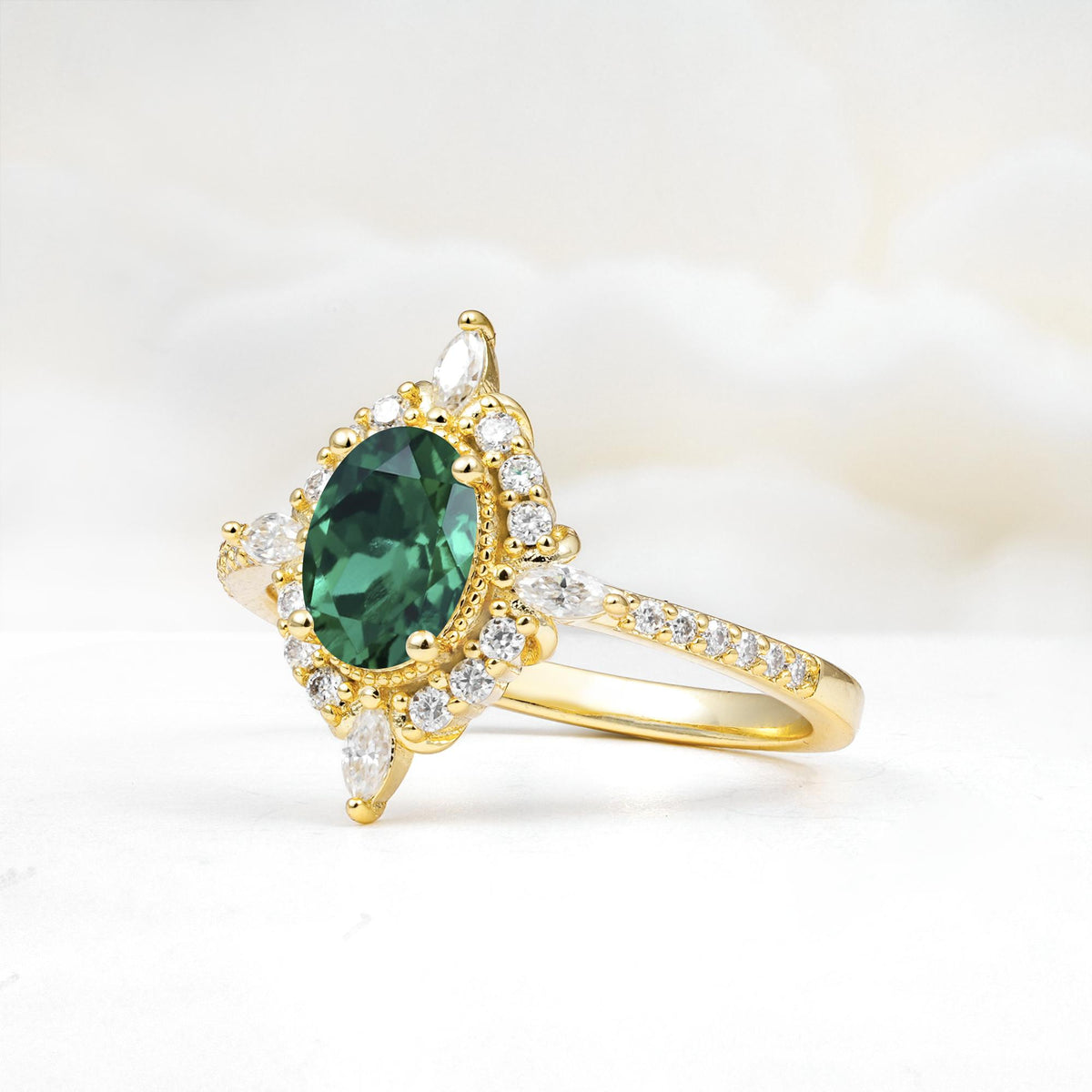 Oval Cut Emerald Starburst Halo Engagement Ring with Pavé Band - Additional view