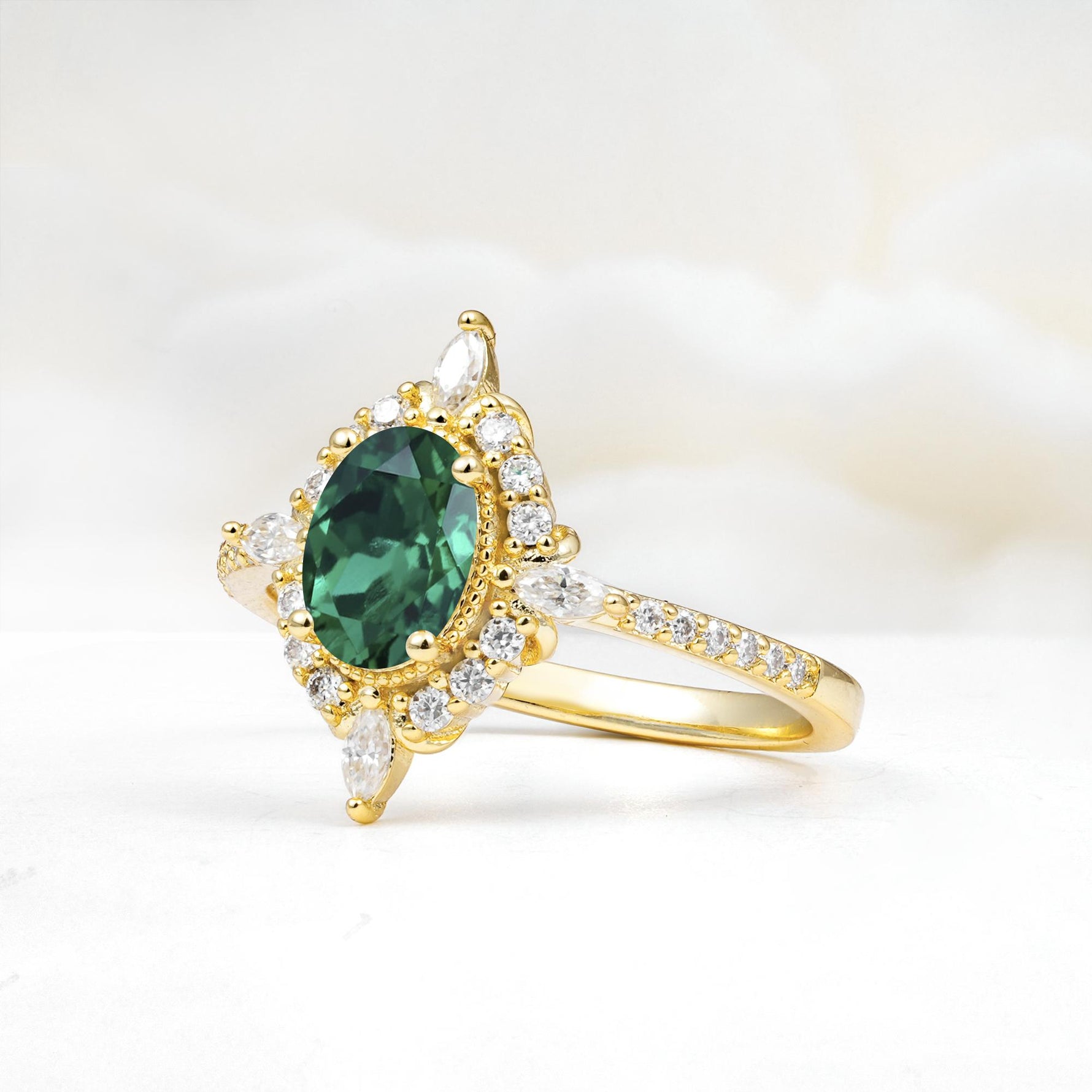 Oval Cut Emerald Starburst Halo Engagement Ring with Pavé Band - Additional view