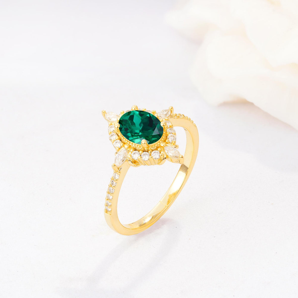 Oval Cut Emerald Starburst Halo Engagement Ring with Pavé Band - Additional view