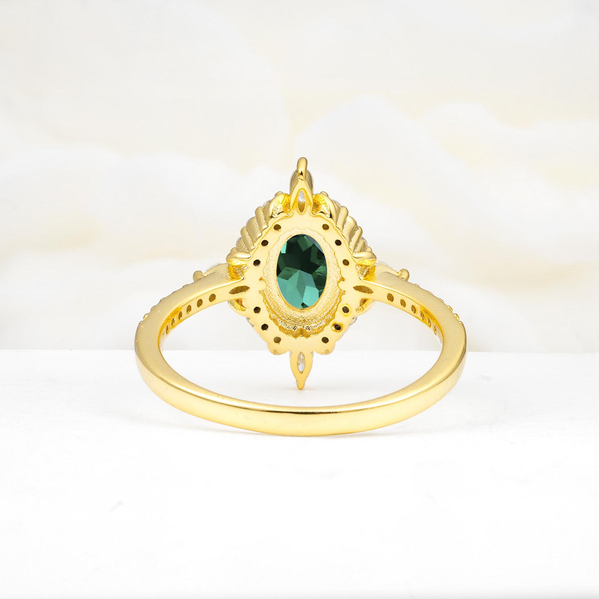 Oval Cut Emerald Starburst Halo Engagement Ring with Pavé Band - Additional view